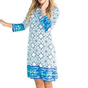 Jean-Pierre Klifa Daphne Dress Portuguese Tile Blue White 3/4 Sleeve Womens Sz S